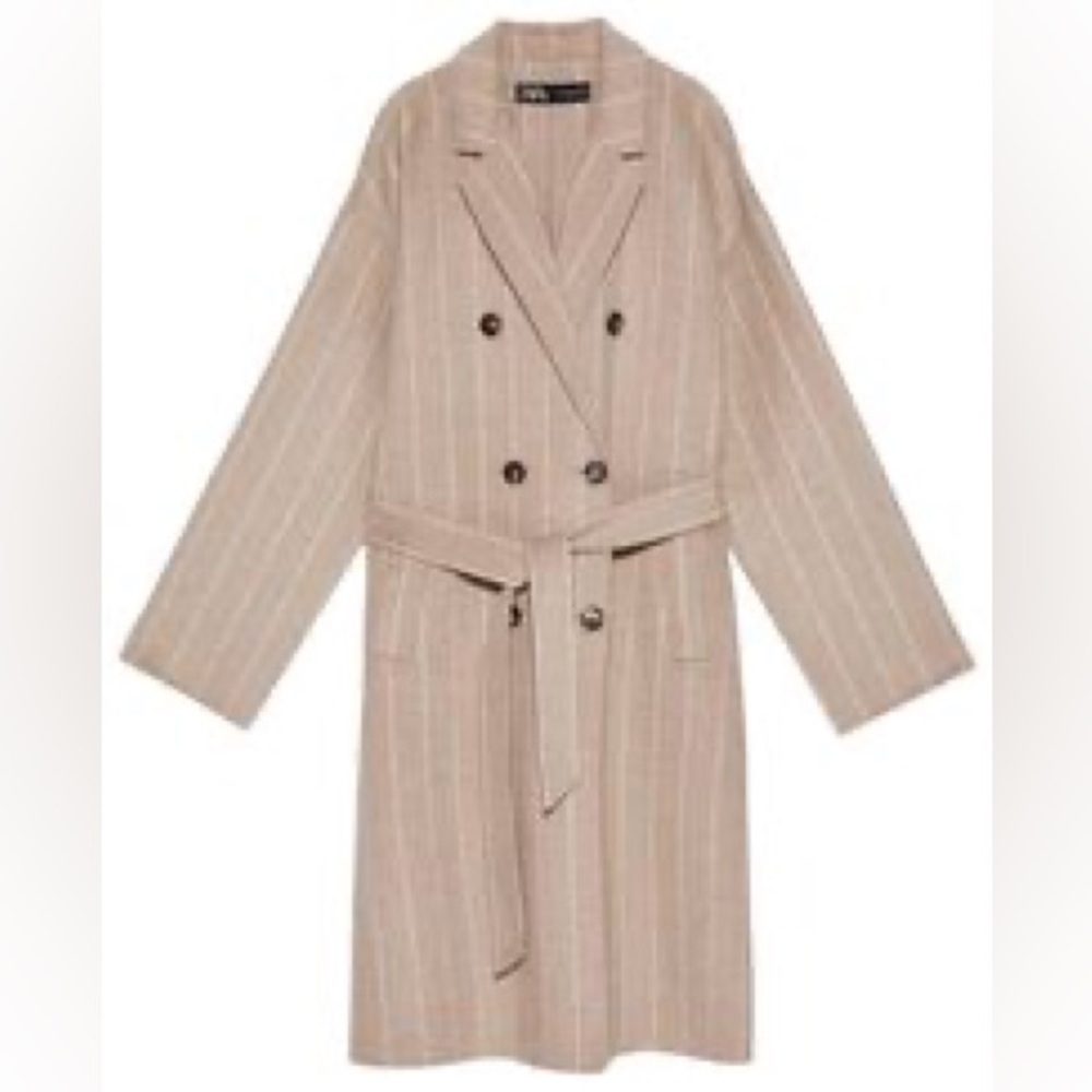 Zara Long Teddy Stripped Coat Wool Blended Trench Sz M - Picture 5 of 14